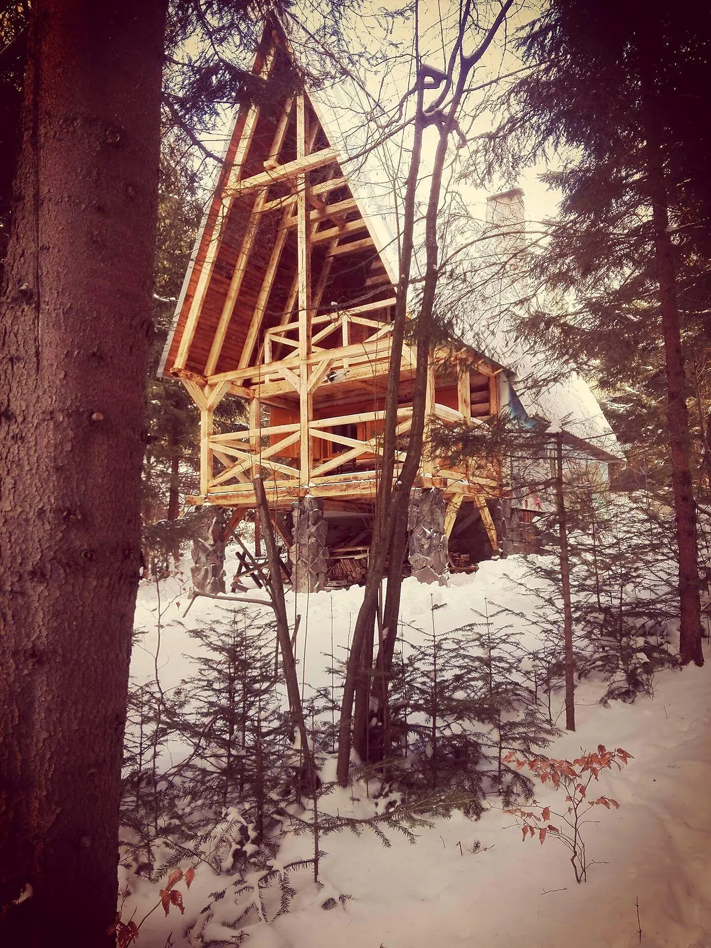 Drevená chata v zimnom lese pri Krpáčove