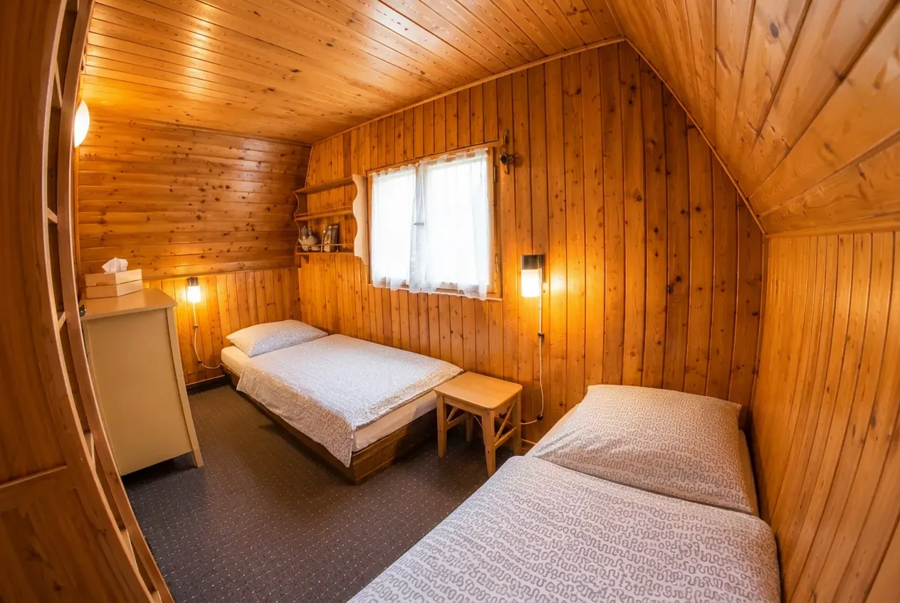Drevená spálňa s dvoma posteľami a oknom